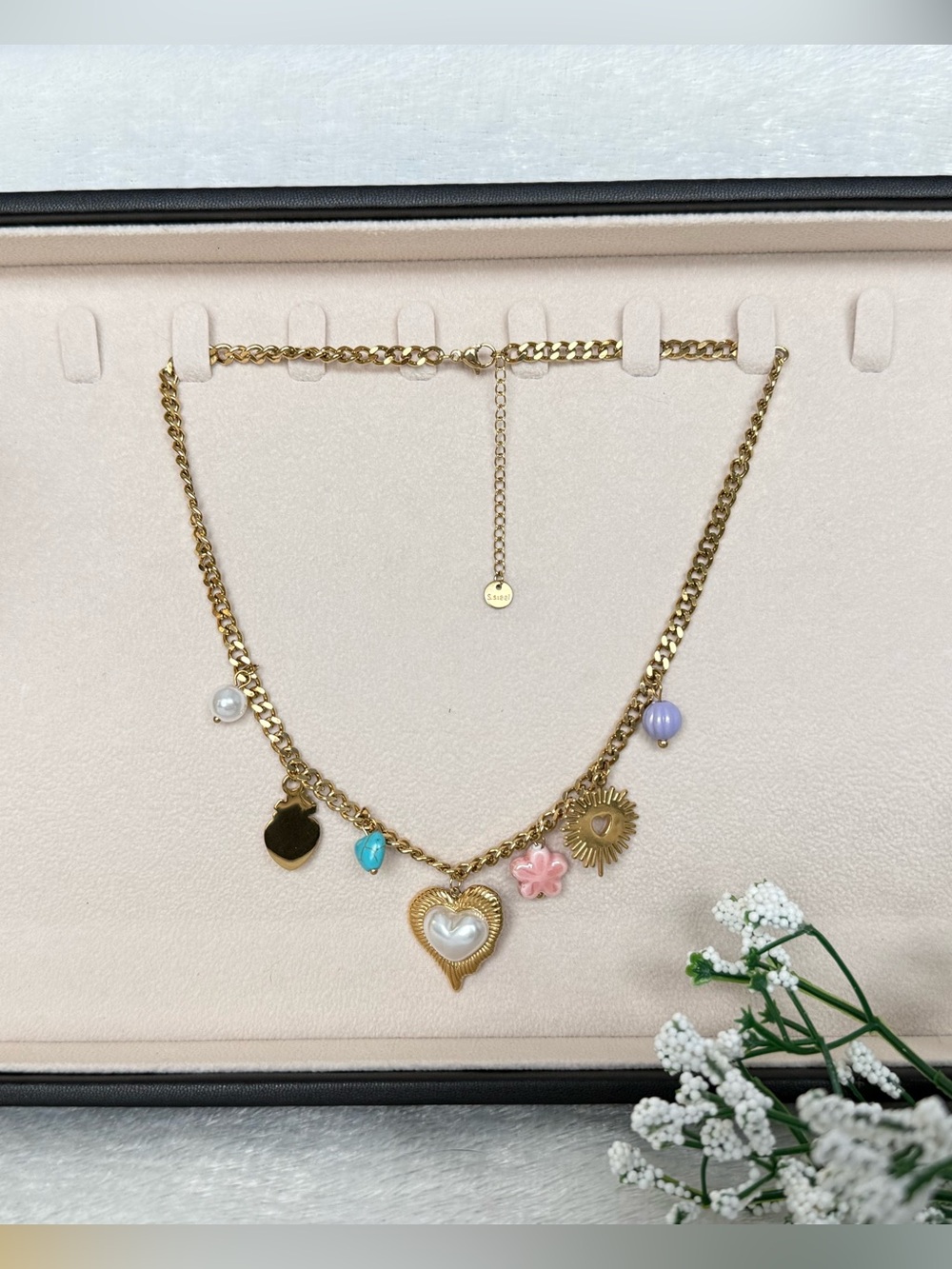Gold-Tone Heart & Charm Pendant Necklace with Pink Flower and Pearl Accents